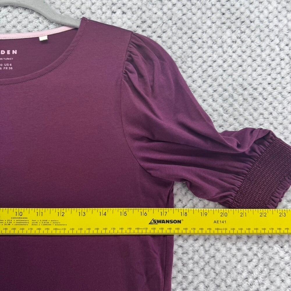 Boden Womens US 6 Top Burgundy Puff Sleeve Smocked Cuffs Round Neck Casual - Picture 7 of 8